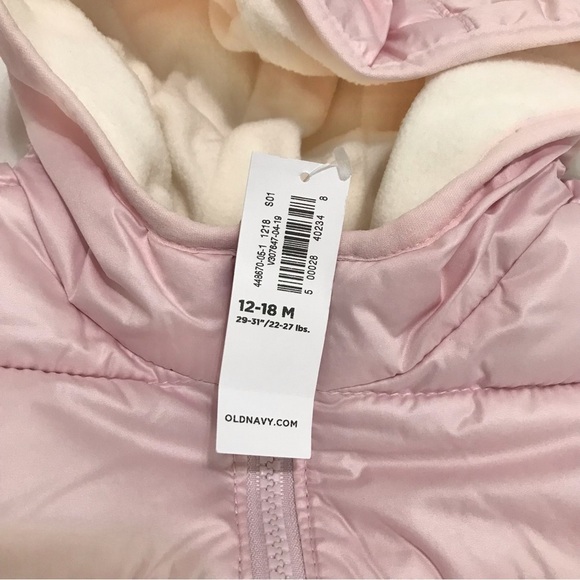 OLD NAVY Pink Frost-Free Hooded Quilted Puffer Jacket FLEECE Lined 12-18M NEW - Picture 2 of 5